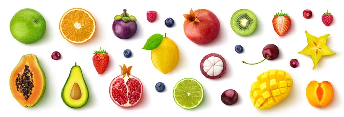 Poster Assortment of different fruits and berries, flat lay, top view © xamtiw