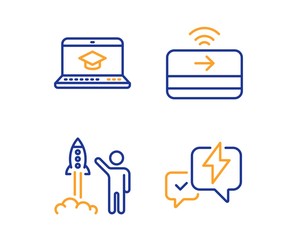 Contactless payment, Launch project and Website education icons simple set. Lightning bolt sign. Financial payment, Business innovation, Video learning. Messenger. Education set. Vector