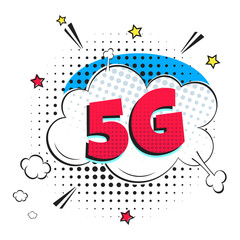5G new wireless internet wifi connection comic style speech bubble exclamation text 5g flay style design vector illustration isolated on white background. New mobile internet 5g sign icon in balloon.