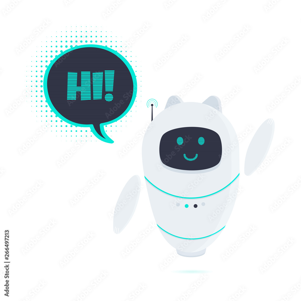 Poster robot cat chatbot icon signsaying hi in speech bubble flat style design vector illustration isolated