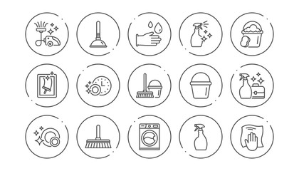 Cleaning line icons. Laundry, Window sponge and Vacuum cleaner. Washing machine linear icon set. Line buttons with icon. Editable stroke. Vector