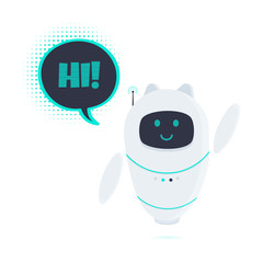 Robot cat chatbot icon signsaying hi in speech bubble flat style design vector illustration isolated on white background. Cute AI cat bot helper mascot character concept symbol business assistant.