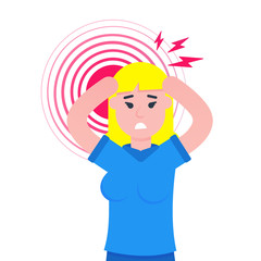Caucasian woman holdong his head with headache pain flat style design vector illustration isolated on white background. Pain or headache concept symbols.