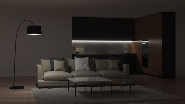 Modern kitchen interior. Night. Evening lighting. 3D rendering.