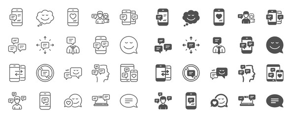 Fototapeta na wymiar Message sms and Communication icons. Group chat, Conversation and Speech bubbles icons. SMS communication, Phone chat and Stop talking symbols. Conversation group, smartphone message, info. Vector