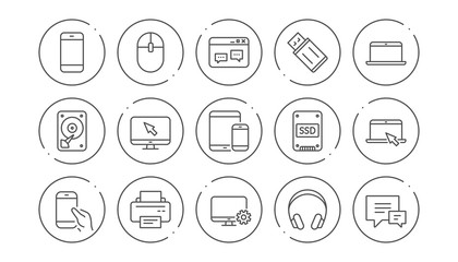 Device line icons. Laptop, SSD and Headphones. Printer linear icon set. Line buttons with icon. Editable stroke. Vector