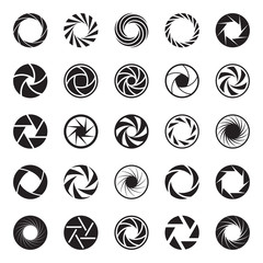 Camera Aperture icons. Shutter icons. Collection of 25 Back Symbols of Camera Iris Diaphragm Isolated on a White Background. Signs of Photo, Photography, Lens, etc. Vector Illustration
