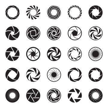 Camera Aperture icons. Shutter icons. Collection of 25 Back Symbols of Camera Iris Diaphragm Isolated on a White Background. Signs of Photo, Photography, Lens, etc. Vector Illustration