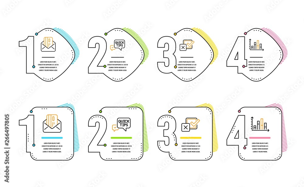Poster quick tips, checkbox and credit card icons simple set. diagram graph sign. helpful tricks, survey ch