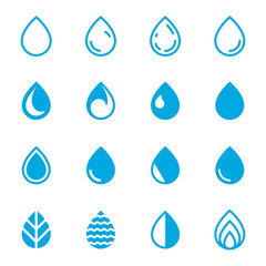 Drop Icons. Set of Blue Droplet Symbols on a White Background. Vector Illustration