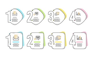 Quick tips, Checkbox and Credit card icons simple set. Diagram graph sign. Helpful tricks, Survey choice, Mail. Presentation chart. Education set. Infographic timeline. Line quick tips icon. Vector