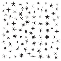 Sparkle Symbols. Big Collection of Black Sparkle Signs and Irregular Cartoon Style Stars on a White Background. Vector Illustration 