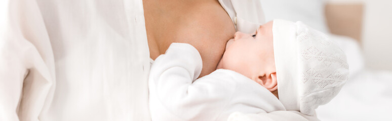 Panoramic shot of mother breastfeeding baby at home - obrazy, fototapety, plakaty