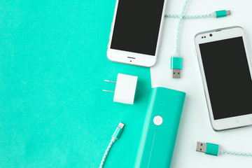 smartphone and USB cable charger with copy space