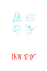 Fototapeta na wymiar Happy birthday lettering and icons on white background. Card design. Vector illustration.