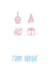 Happy birthday lettering and icons on white background. Card design. Vector illustration.