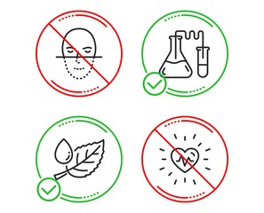 Fototapeta premium Do or Stop. Leaf dew, Chemistry lab and Face recognition icons simple set. Heartbeat sign. Water drop, Medical laboratory, Faces biometrics. Medical heart. Healthcare set. Line leaf dew do icon