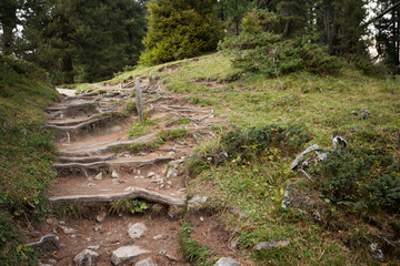 walking long a peaceful mountain path in Valle di Funes into the Italian Dolomites