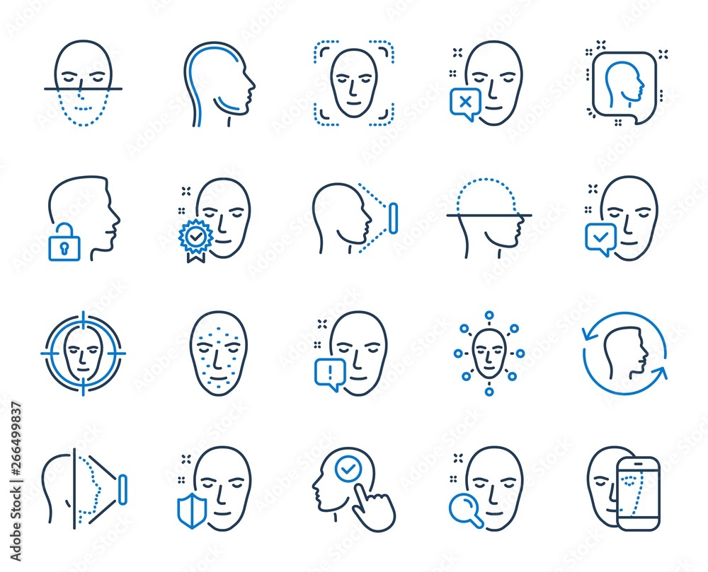 Poster face recognition line icons. set of facial biometrics detection, scanning and unlock system icons. f