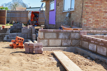 Foundation work of the house, blockwork, selective focus