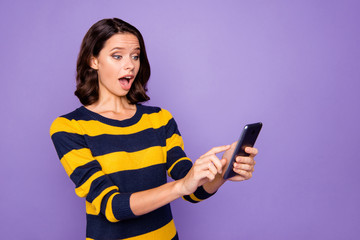 Close up side profile photo beautiful amazing she her lady wondered hands hold telephone reader...
