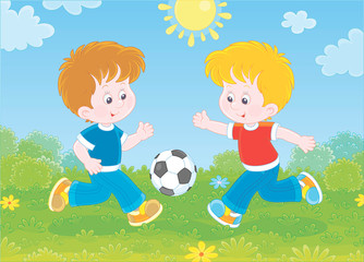 Little smiling boys playing football on green grass on a sunny summer day, vector illustration in a cartoon style