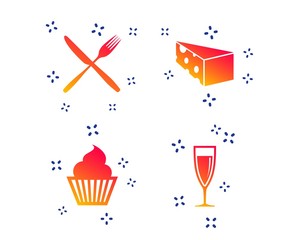 Food icons. Muffin cupcake symbol. Fork and knife sign. Glass of champagne or wine. Slice of cheese. Random dynamic shapes. Gradient dessert icon. Vector