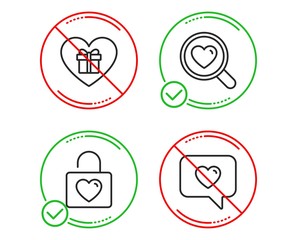Do or Stop. Romantic gift, Search love and Wedding locker icons simple set. Love message sign. Dating service, Valentines day. Love set. Line romantic gift do icon. Prohibited ban stop. Good or bad