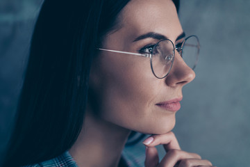 Close up side profile portrait beautiful she her business lady wait result make hard decision look...