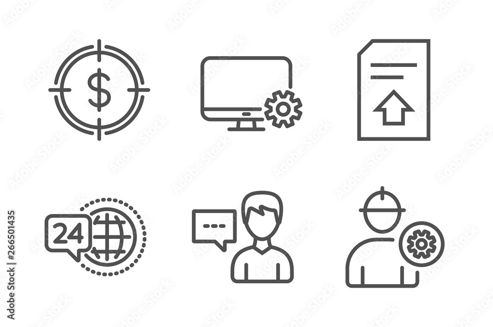 Poster dollar target, 24h service and person talk icons simple set. monitor settings, upload file and engin