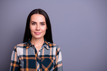 Fototapeta premium Close-up portrait of her she nice-looking attractive lovely content calm straight-haired lady wearing checked plaid isolated over gray violet purple pastel background