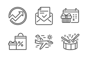 Christmas calendar, Airplane travel and Shopping icons simple set. Approved mail, Audit and Drums signs. Presents day, Trip flight. Line christmas calendar icon. Editable stroke. Vector