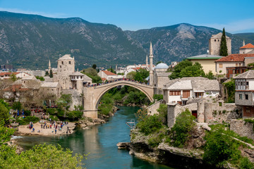 Fototapeta na wymiar Old town of Mostar, Bosnia and Herzegovina, with Stari Most bridge, Neretva river and old mosques