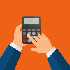 Calculation. Hand holding calculator, finger touching button. Modern concept. Flat design. Vector illustration.