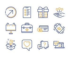 Direction, Consolidation and Spanner icons simple set. Checklist, Road banner and Gift box signs. Heart, First aid and Payment method symbols. Question mark, Call center and Online survey. Vector