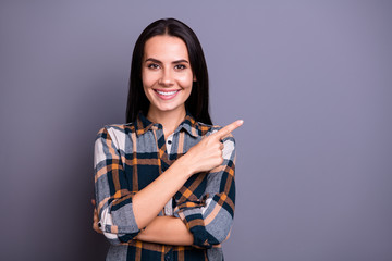 Portrait of her she nice attractive cheerful cheery straight-haired lady wearing checked plaid...