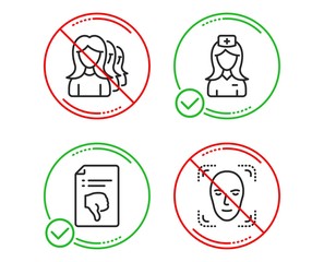 Do or Stop. Thumb down, Women headhunting and Hospital nurse icons simple set. Face detection sign. Decline file, Women teamwork, Medical assistant. Detect person. People set. Line thumb down do icon