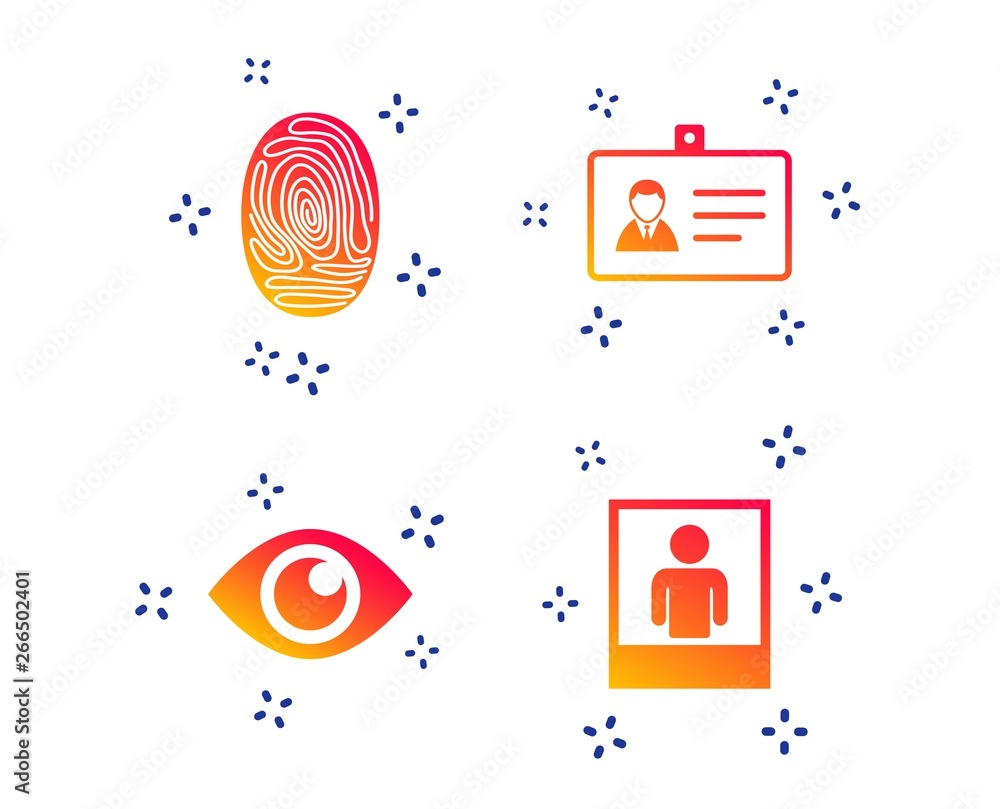 Aufkleber identity id card badge icons. eye and fingerprint symbols. authentication signs. photo frame with hu
