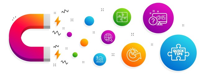 Magnet attracting. Check investment, Puzzle and Share idea icons simple set. Internet, Online quiz and Quick tips signs. Business report, Engineering strategy. Science set. Vector