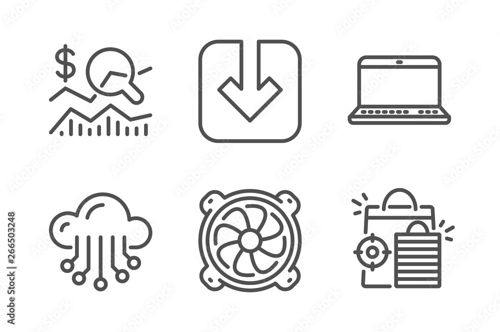 Aufkleber cloud storage, notebook and computer fan icons simple set. load document, check investment and seo s