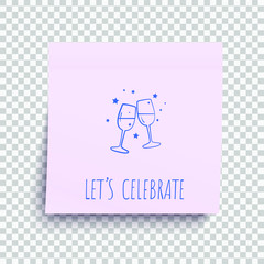 Happy birthday congratulation on paper sticky note. Transparent background. Template for your design works. Vector illustration.