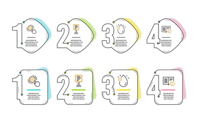 Cogwheel settings, Vitamin e and Parking icons simple set. Copyright sign. Engineering tool, Oil drop, Auto park. Copywriting book. Infographic timeline. Line cogwheel settings icon. Vector