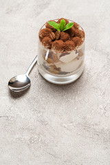 portion of Classic tiramisu dessert in a glass on concrete background