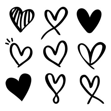 Set of nine hand drawn heart. Hand drawn rough marker hearts isolated on white background.