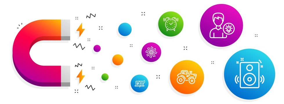 Magnet Attracting. Person Idea, Copyright Laptop And Versatile Icons Simple Set. Tractor, Alarm Clock And Speakers Signs. Lamp Energy, Writer Device. Technology Set. Line Person Idea Icon. Vector