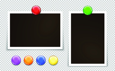 Isolated paper photo frames. Circle glossy magnets. Transparent background. Template for your design works. Vector illustration.