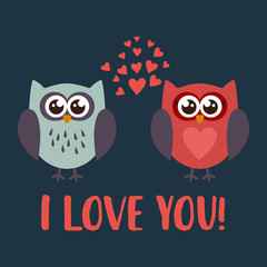 Two owls in love, simple romantic illustration on dark background.