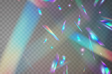 Holographic falling confetti isolated on transparent background. Rainbow iridescent overlay texture. Vector festive foil hologram tinsel with bokeh light effect and glare glitter.