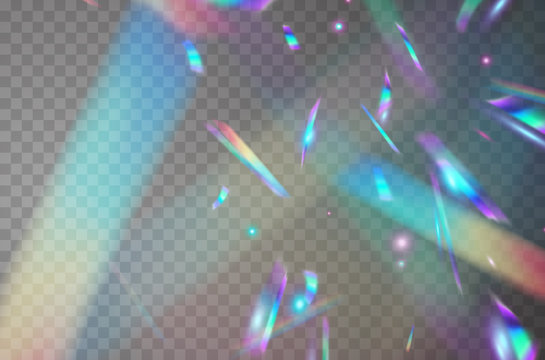 Holographic falling confetti isolated on transparent background. Rainbow iridescent overlay texture. Vector festive foil hologram tinsel with bokeh light effect and glare glitter.