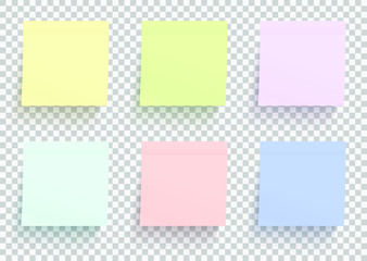 Colored paper stickers set. Shadowed sticky notes on transparent background. Template for your design works. Vector illustration.